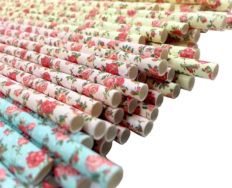 JPACO 75-Pack Eco-Friendly Biodegradable Paper Straws - Vintage Rose & Floral Design in Pink, Blue, Yellow - Disposable Straws for Parties By JPACO - Image 1